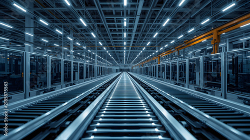 Futuristic Factory Conveyor System: An empty, high-tech factory conveyor belt stretches into the distance, illuminated by rows of cool blue lights, symbolizing advanced manufacturing and automation.