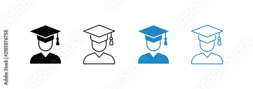 Graduate student icon vector set featuring graduation cap, student avatar, diploma, and education symbols for schools, colleges, and academic applications