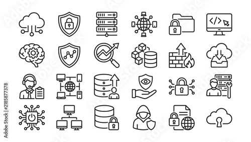 Set of diverse linear technology and cyber security icons illustrating network and digital protection concepts