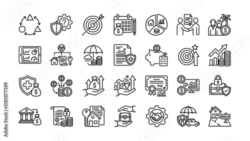 Set of finance and insurance thin line icons for business and economic concepts