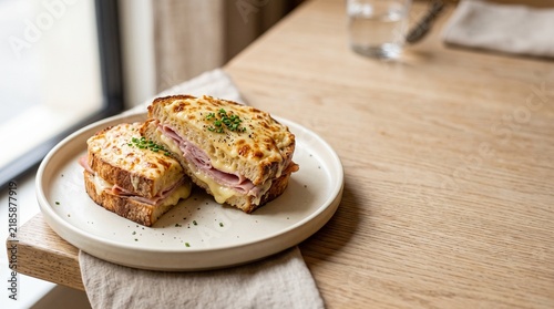 Classic croque monsieur with ham, cheese and béchamel on a clean neutral setting, optimized for restaurant advertising, menu design, hospitality campaigns and food branding.