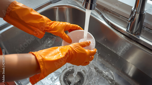 Washing Dishes with Orange Gloves: A close-up shot of hands wearing bright orange rubber gloves washing a white plate under running water in a stainless steel sink, illustrating daily chores.