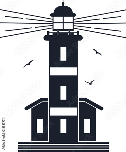 Foto Lighthouse emitting light beams guiding ships with flying seagulls