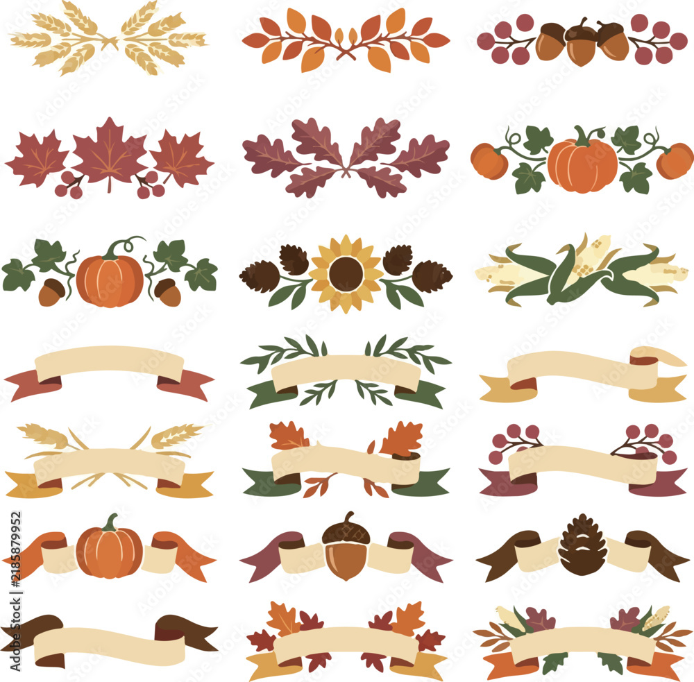 Obraz premium Vintage autumn banners and dividers set. Pumpkin, wheat, and oak leaves with ribbons. harvest festival vector graphics. isolated on White Background Halloween ,Editable Eps