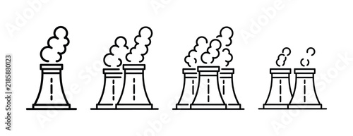 Set of nuclear power plant cooling tower with smoke
