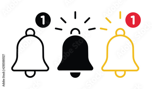 Set of notification bell with alert badges and motion lines
