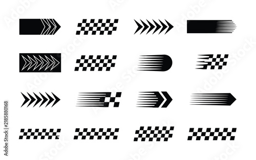 Set of racing checkered flag and speed motion arrow