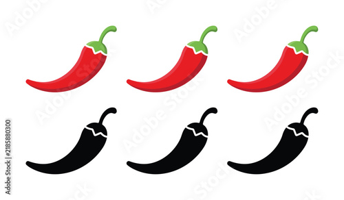 Set of red chili pepper and black silhouettes on white background