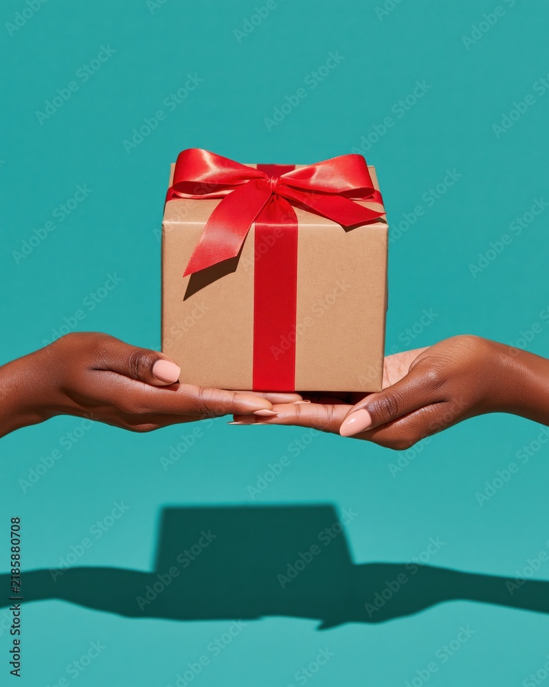 Obraz premium Two hands holding gift box with red ribbon against teal background