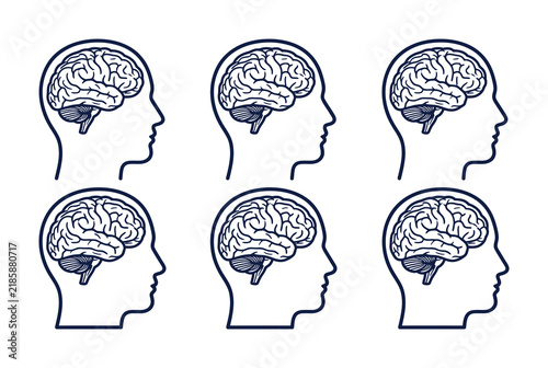 Set of six human head silhouettes with brain