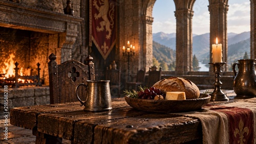 Medieval Table with Rustic Bread, Cheese and Metal Tankard by Fireplace