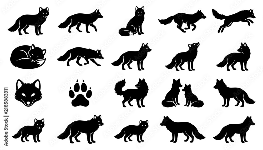 Obraz premium Fox Silhouettes Set with Various Poses, Actions, and Paw Print Icon