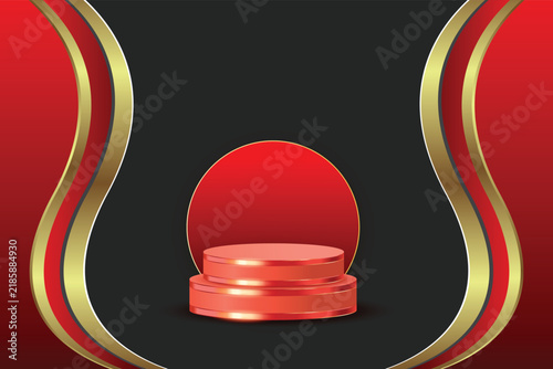 Luxury red cylindrical podium set against a matching circular background and gold borders with pedestal