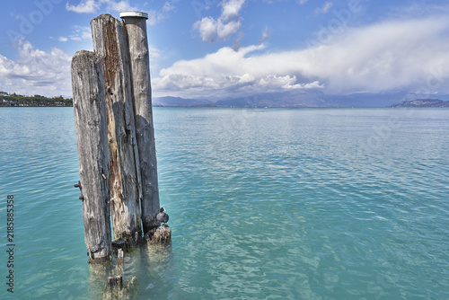 View of Lake Garda with weathered wooden mooring posts and a coot bird resting on the structure, set against a backdrop of distant mountains and clear blue water in Veneto, Italy.