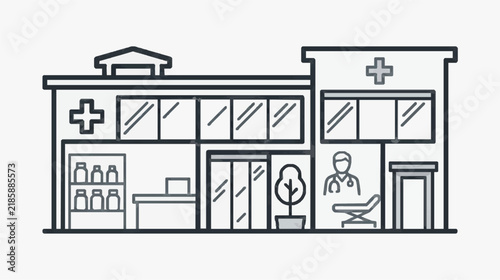 Pharmacy Clinic Interior Layout with Medical Staff and Equipment