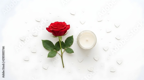 Red Rose with Green Leaves Beside Candle on White Surface