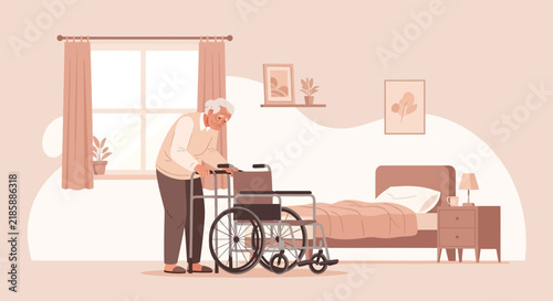 Elderly Man Uses Walker Next To Wheelchair In A Peaceful Room