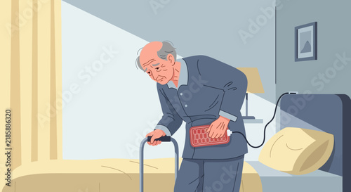 Elderly Man Using Hot Water Bottle For Pain Relief In Bedroom