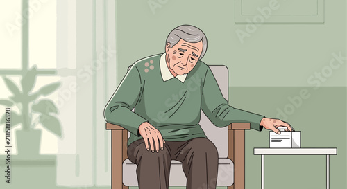 Elderly Man Sits Alone With Medication On A Table