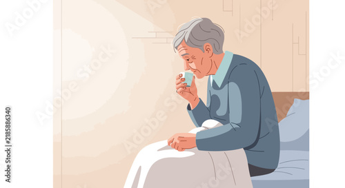 Elderly Man Sits In Bed Enjoying A Quiet Morning Beverage