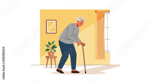 Elderly Man Walks Slowly Indoors With Cane Supporting His Movement