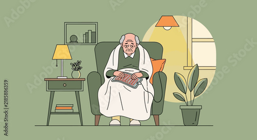 Elderly Man Sitting Alone In Armchair Wrapped In Blanket Reading
