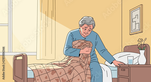 Elderly Man With Blanket Sitting On Bed Looking Somber