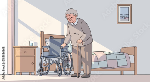 Elderly Man With Cane And Wheelchair In Bedroom Assistance