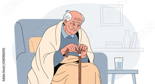 Elderly Man Sitting Alone Wrapped In Blanket Holding Walking Cane Indoors