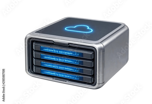 Modern silver external hard drive server storage unit with blue glowing cloud icon on top transparent background