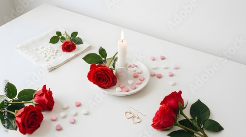 Romantic Red Rose Arrangement with Candle and Hearts