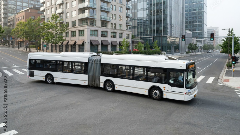 Obraz premium Bus Driving on a City Street, Modern Public Transportation Concept. Urban Transit Vehicle, Daytime Cityscape View