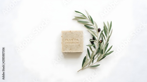 Olive Oil Handmade Soap with Olive Branch on White Background