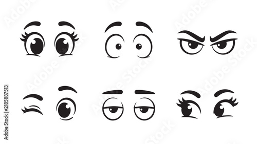 Cartoon eyes set with various expressions, 6 pairs of comic eye vector illustrations, hand drawn character facial features