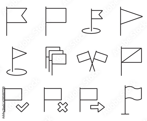 Minimalist flag icon set, 12 black line vector symbols for maps and navigation, modern outline flag collection for UI design