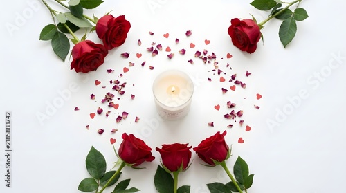 Romantic Red Roses Surrounding Center Candle in Heart Shape