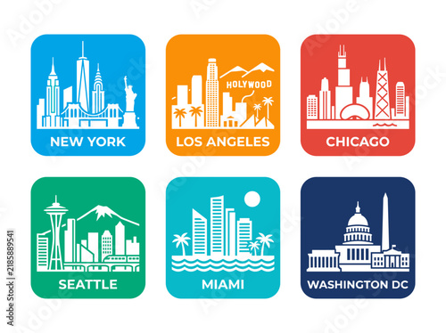 United States City Skyline Landmarks New York Los Angeles Chicago Seattle Miami and Washington DC Color Flat Icon Set