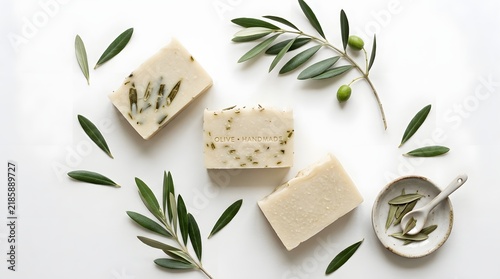 Fresh Handmade Olive Soap Blocks with Olive Leaves on White