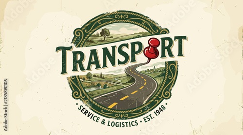 Transport Logistics Scenic Highway Road Journey and Location Pin Vintage Badge Illustration on Beige Background