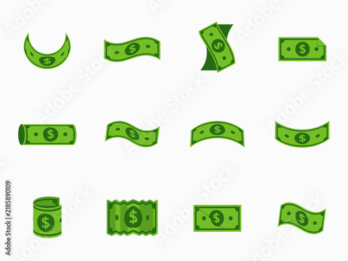 Green Dollar Banknotes Folded Rolled Curved and Waving Money Flat Icon Set on White Background