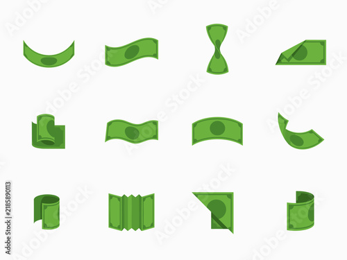 Green Money Banknotes Folded Curved Rolled and Waving Cash Shapes Flat Icon Set on White Background