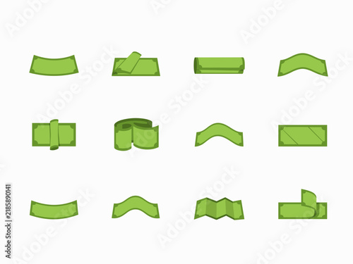 Green Money Banknotes Folded Cash Bills and Currency Shapes Flat Icon Set on White Background