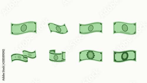 Green Money Banknotes Cash Currency Flying Bills and Financial Payment Flat Icon Set on White Background