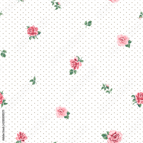 Vintage Pink Rose and Polka Dot Seamless Vector Pattern on White Background, Classic Retro Floral Design for Wallpaper, Fabric and Textile