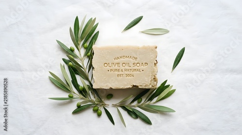 Handmade Olive Oil Soap Bar with Olive Branches on White Surface