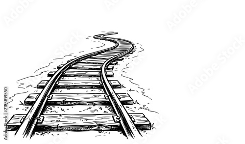 Bild auf Leinwand Winding railroad track sketch with wooden sleepers on plain background hand draw