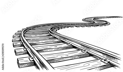 Bild auf Leinwand S curve railway track in perspective view with wooden sleepers hand drawn black