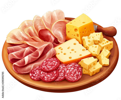 Assorted cured meats and cheeses arranged elegantly on a wooden platter, representing a delicious charcuterie concept, isolated on transparent background