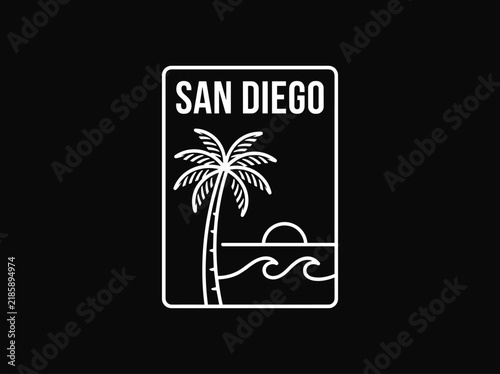 San Diego Palm Tree Ocean Sunset and Waves Minimal White Line Travel Icon on Black Background