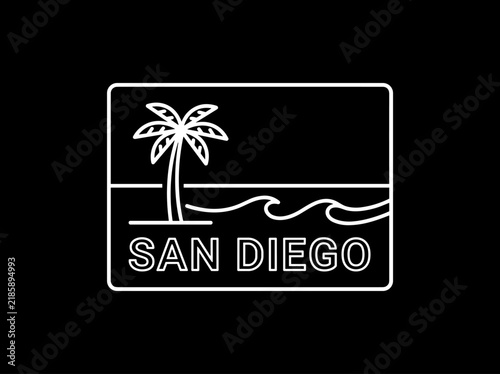 San Diego Palm Tree Ocean Waves and Beach Minimal White Line Travel Icon on Black Background